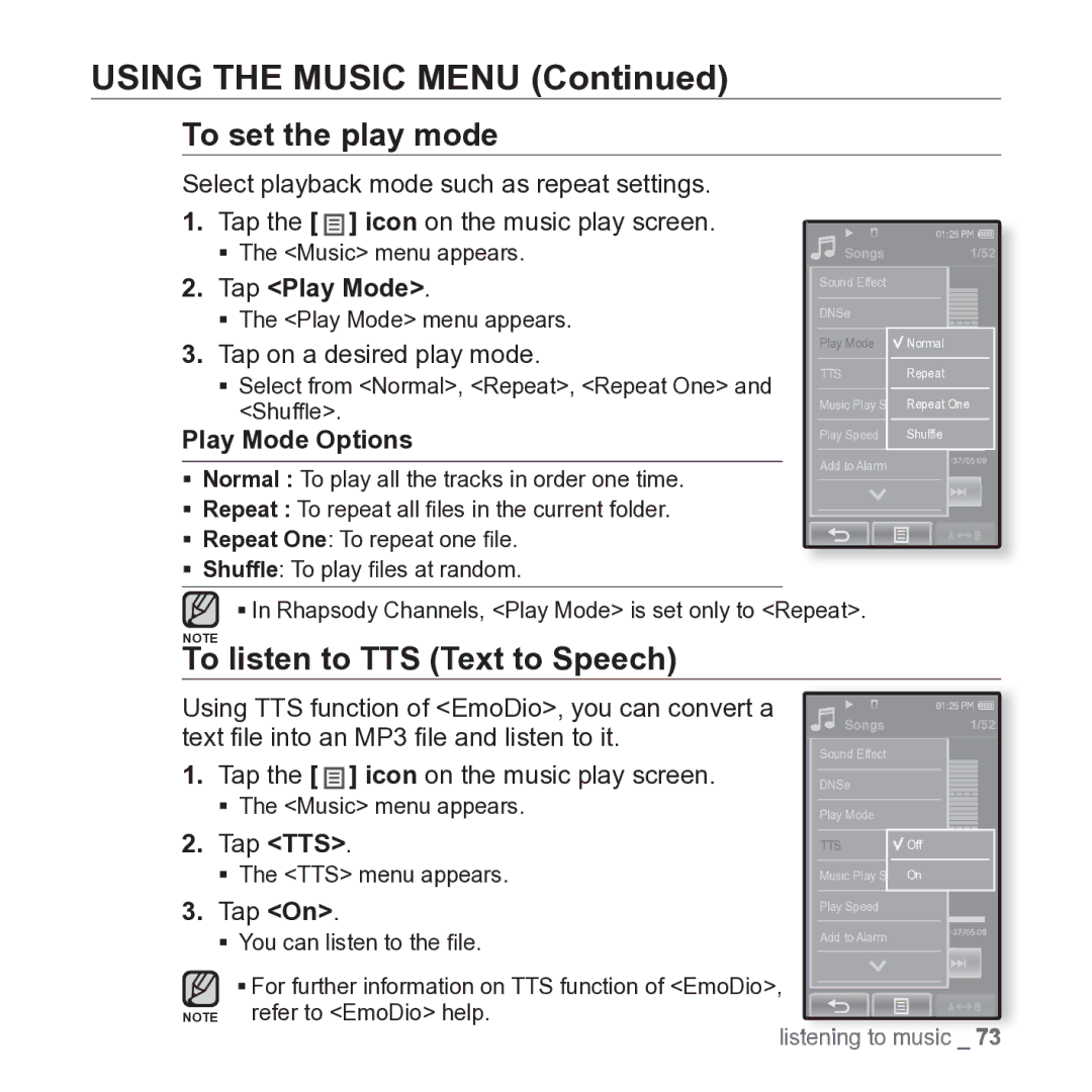 Samsung YP-P2JARY user manual To set the play mode, To listen to TTS Text to Speech, Tap Play Mode, Play Mode Options 