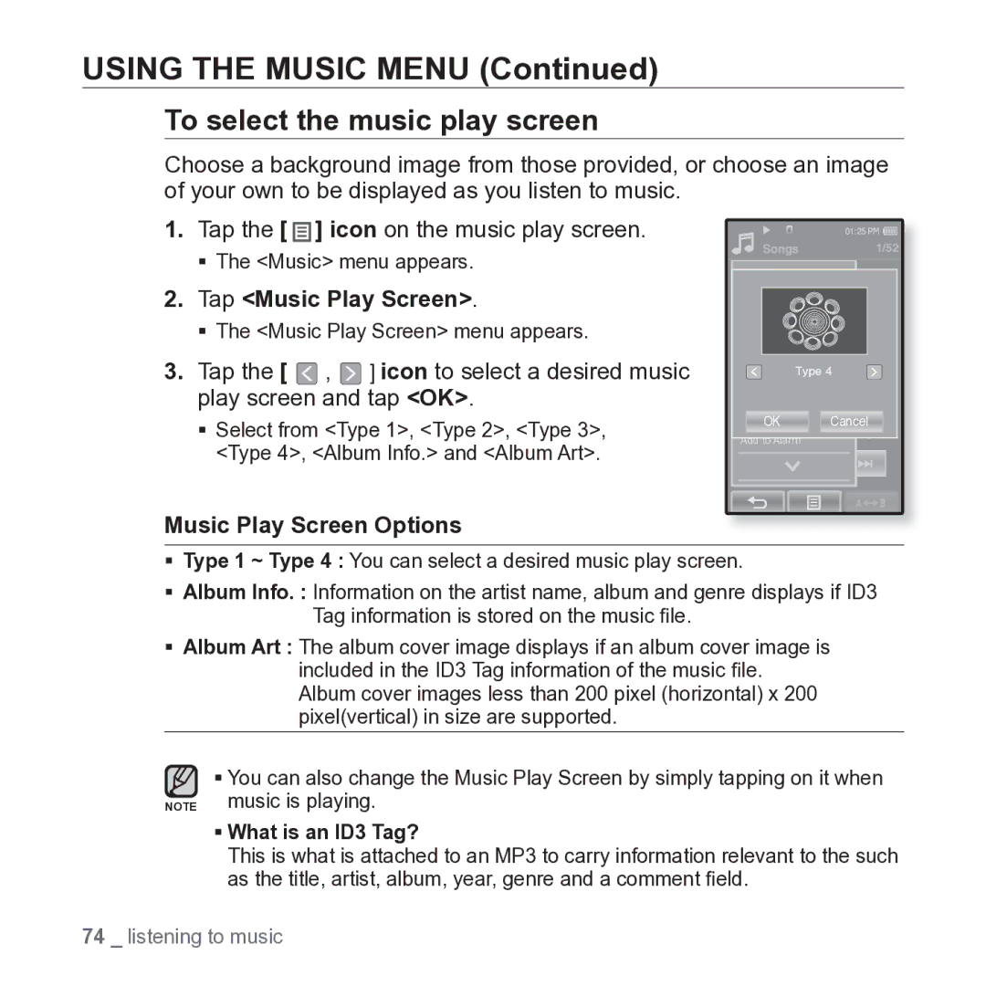 Samsung YP-P2JARY user manual To select the music play screen, Tap Music Play Screen, Music Play Screen Options 