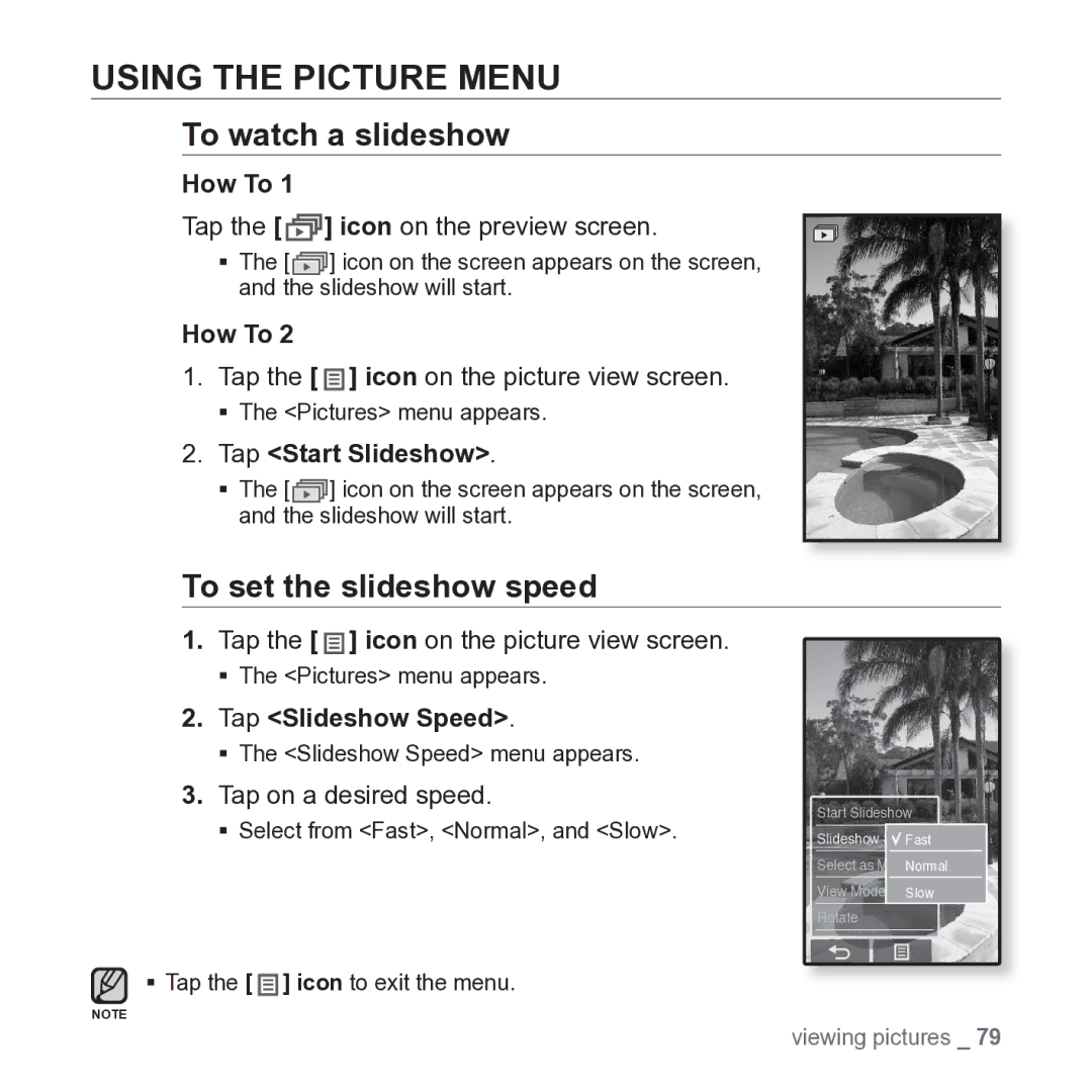 Samsung YP-P2JARY user manual Using the Picture Menu, To watch a slideshow, To set the slideshow speed, Tap Start Slideshow 