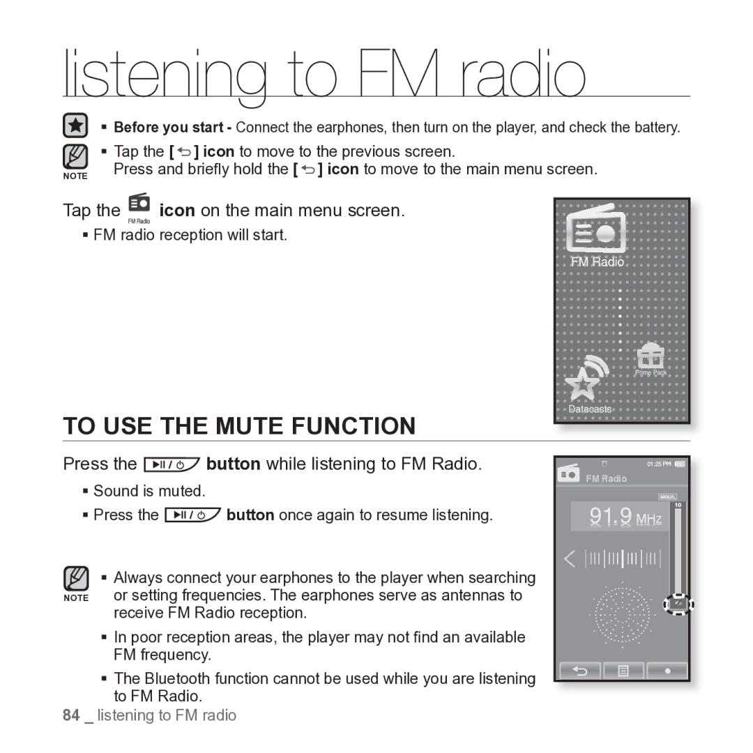 Samsung YP-P2JARY user manual Listening to FM radio, To USE the Mute Function, Press the button while listening to FM Radio 