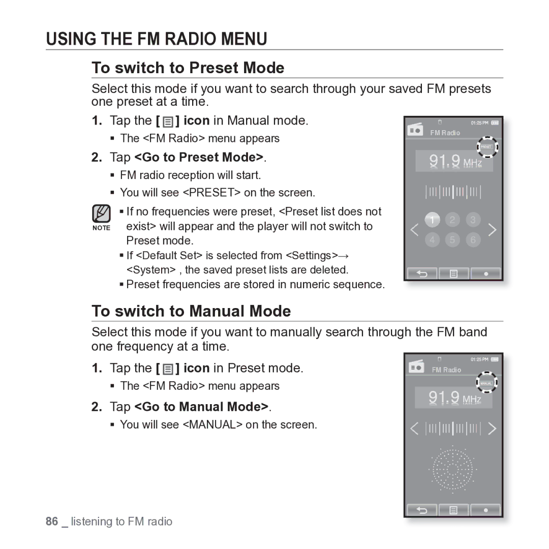 Samsung YP-P2JARY Using the FM Radio Menu, To switch to Preset Mode, To switch to Manual Mode, Tap Go to Preset Mode 