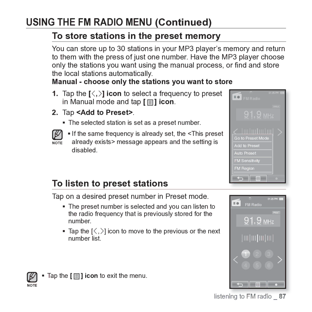 Samsung YP-P2JARY user manual Using the FM Radio Menu, To store stations in the preset memory, To listen to preset stations 