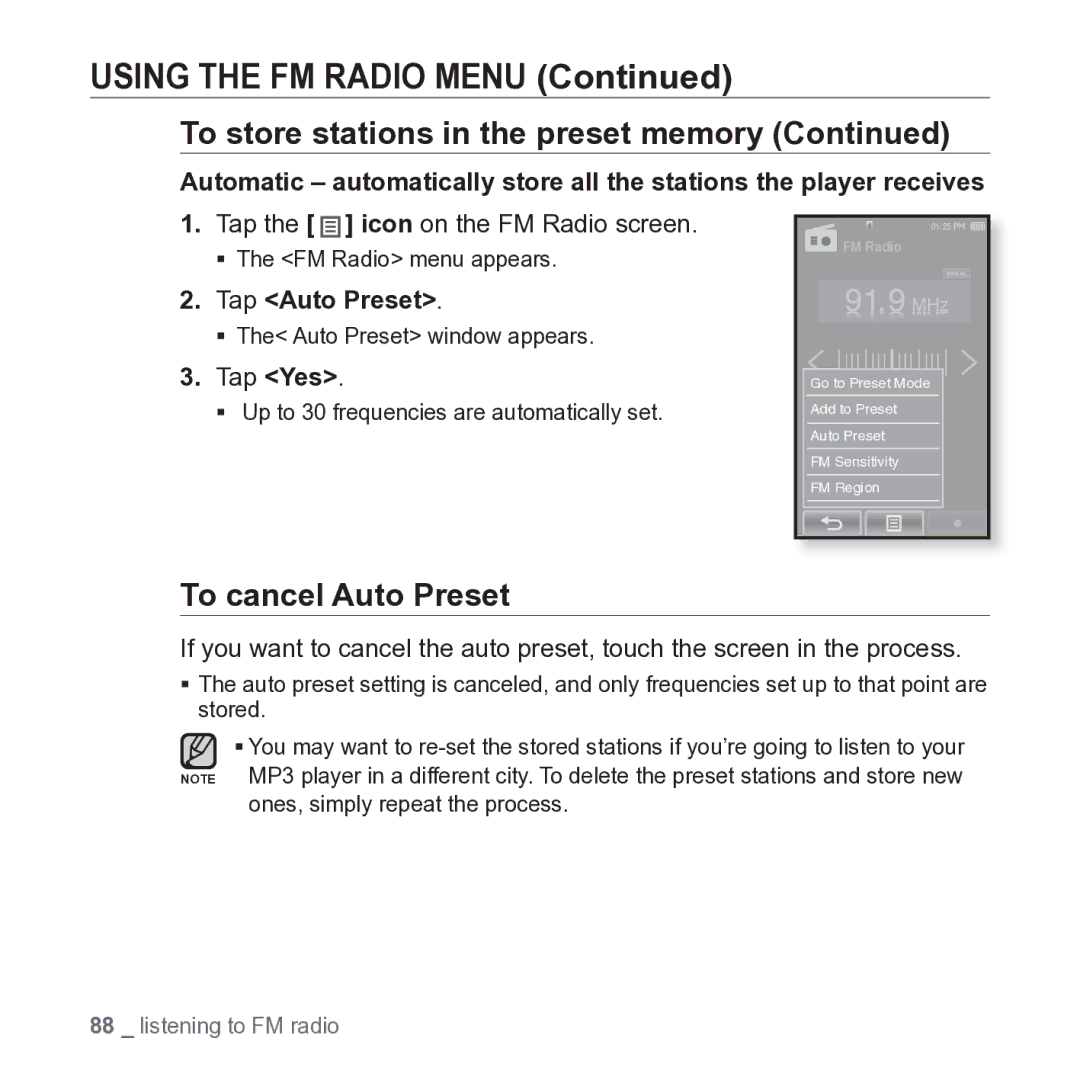 Samsung YP-P2JARY user manual To cancel Auto Preset, Tap the icon on the FM Radio screen, Tap Auto Preset 