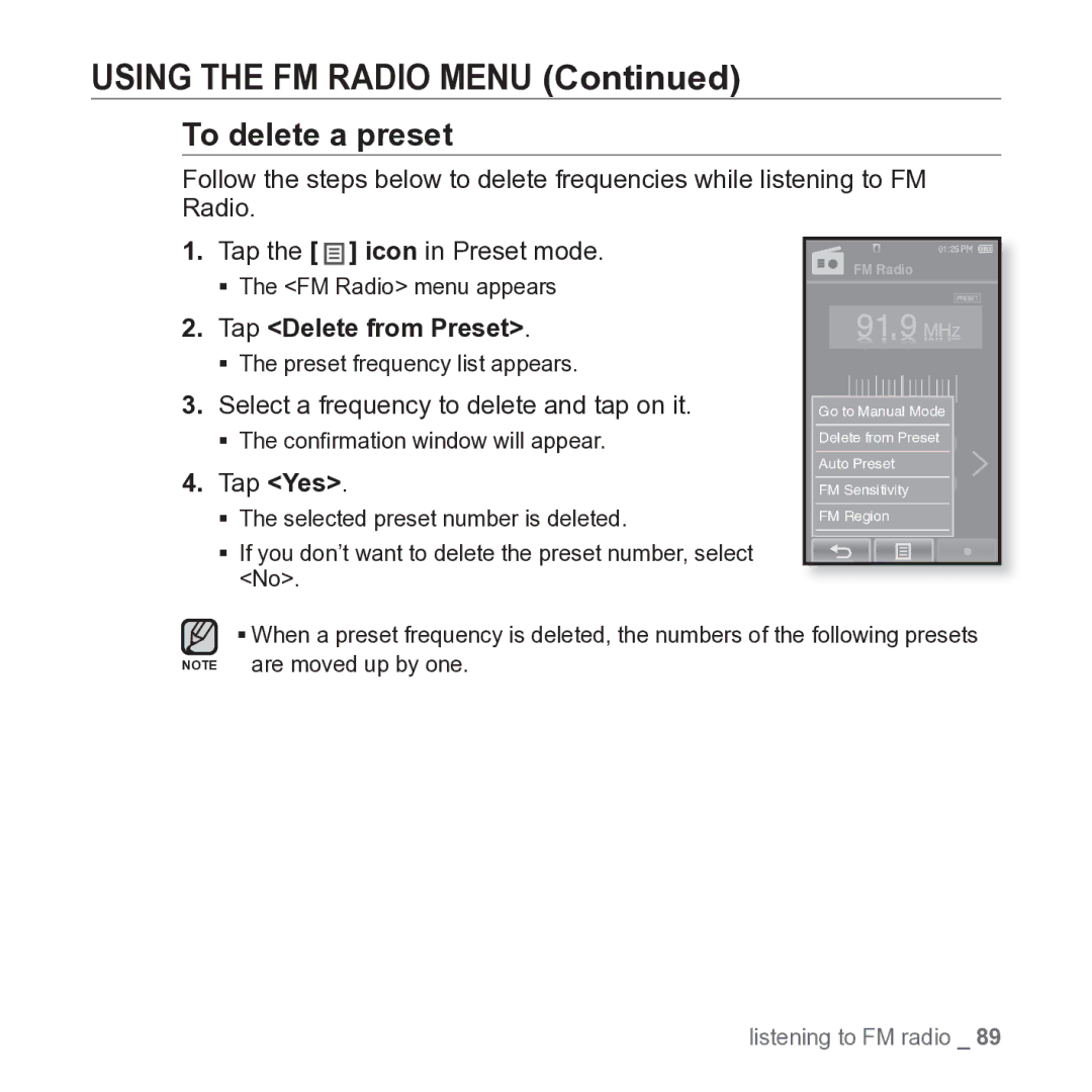 Samsung YP-P2JARY user manual To delete a preset, Tap Delete from Preset, Select a frequency to delete and tap on it 