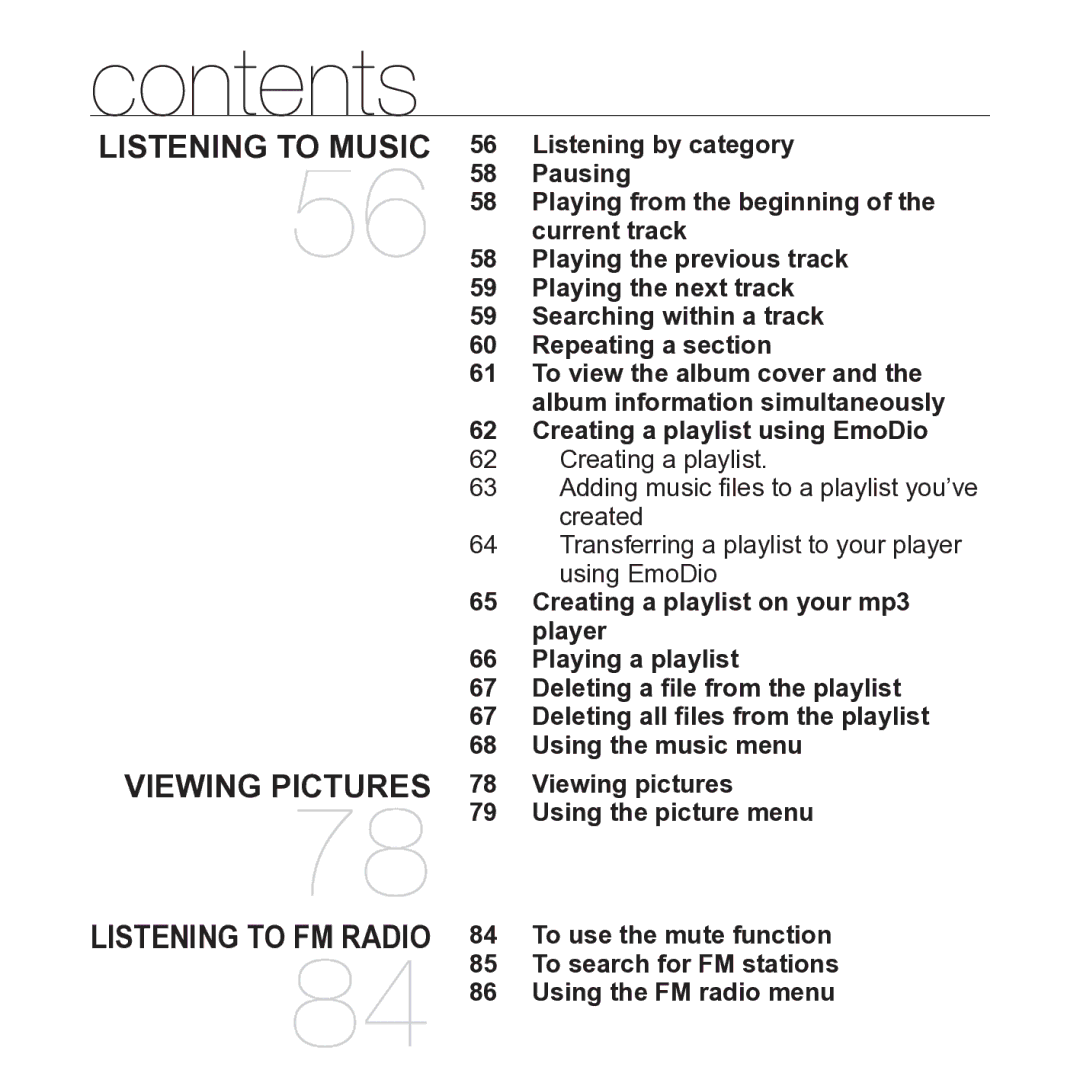 Samsung YP-P2JARY Listening by category, Playing from the beginning, Current track, Playing the previous track, Created 