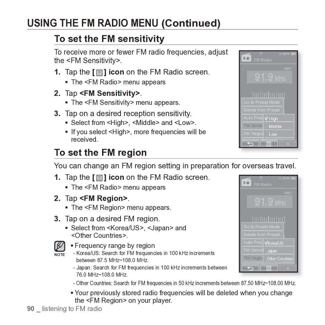 Samsung YP-P2JARY user manual To set the FM sensitivity, To set the FM region, Tap FM Sensitivity, Tap FM Region 