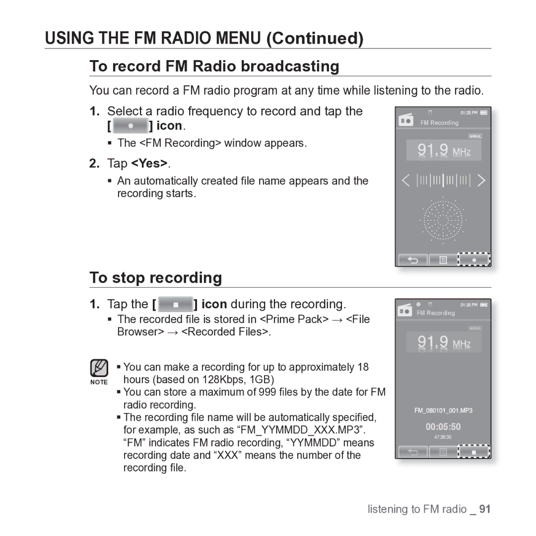 Samsung YP-P2JARY user manual To record FM Radio broadcasting, To stop recording, Tap Icon during the recording 