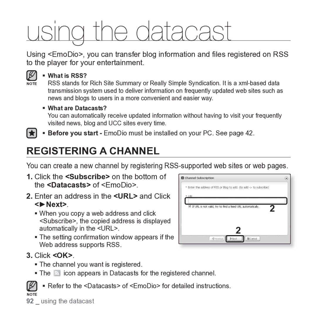 Samsung YP-P2JARY user manual Using the datacast, Registering a Channel, ŹNext, Click OK 