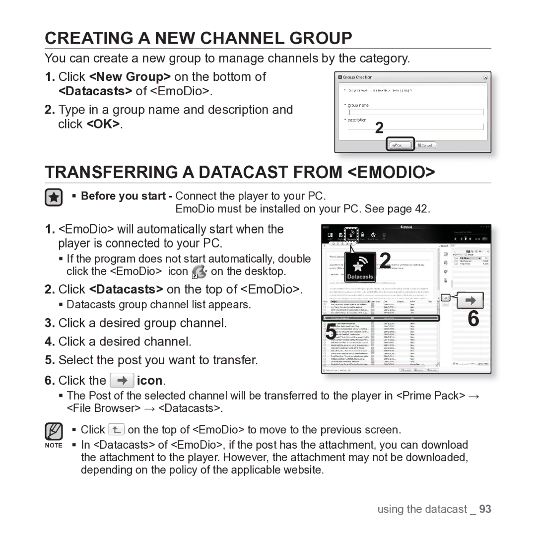 Samsung YP-P2JARY Creating a NEW Channel Group, Transferring a Datacast from Emodio, Click a desired group channel 