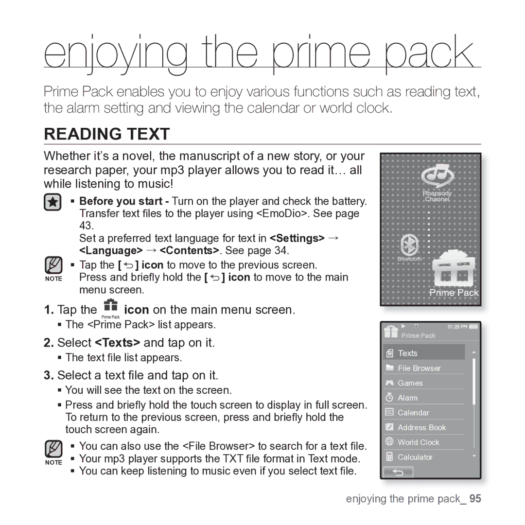 Samsung YP-P2JARY user manual Reading Text, Select Texts and tap on it, Select a text ﬁle and tap on it 