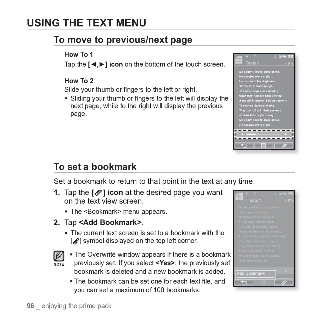 Samsung YP-P2JARY user manual Using the Text Menu, To move to previous/next, Tap Add Bookmark 