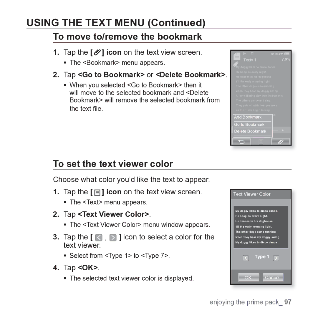 Samsung YP-P2JARY Using the Text Menu, To move to/remove the bookmark, To set the text viewer color, Tap Text Viewer Color 