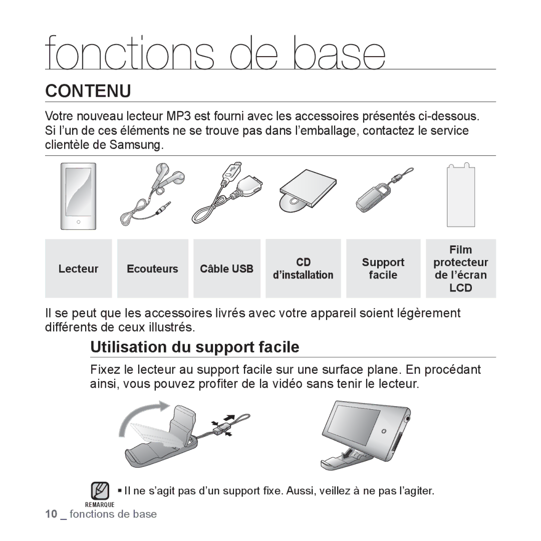 Samsung YP-P2JCB/XEF, YP-P2JAB/XEF, YP-P2JCW/XEF, YP-P2JQB/XEF Fonctions de base, Contenu, Utilisation du support facile 