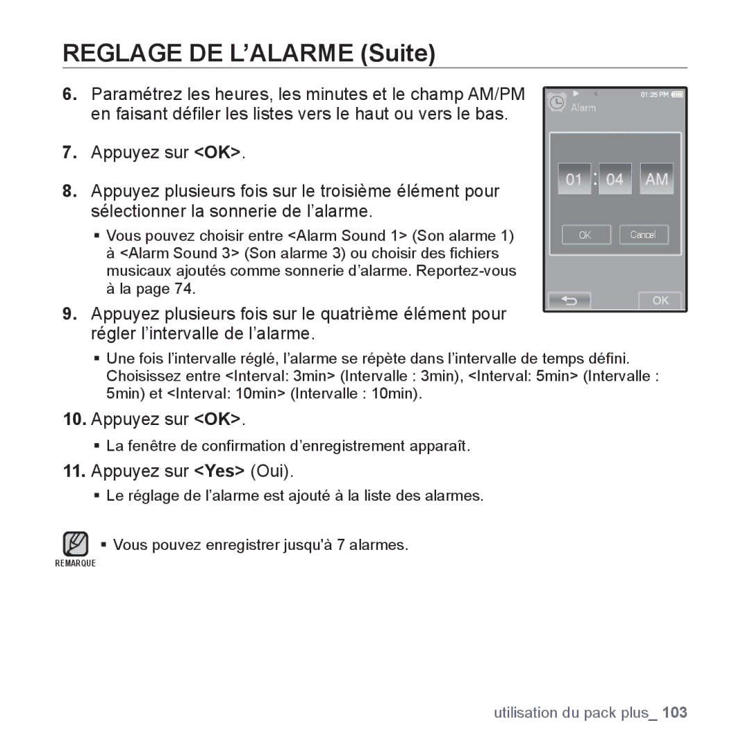 Samsung YP-P2JQB/XEF, YP-P2JCB/XEF manual Reglage DE L’ALARME Suite, ƒ Vous pouvez choisir entre Alarm Sound 1 Son alarme 