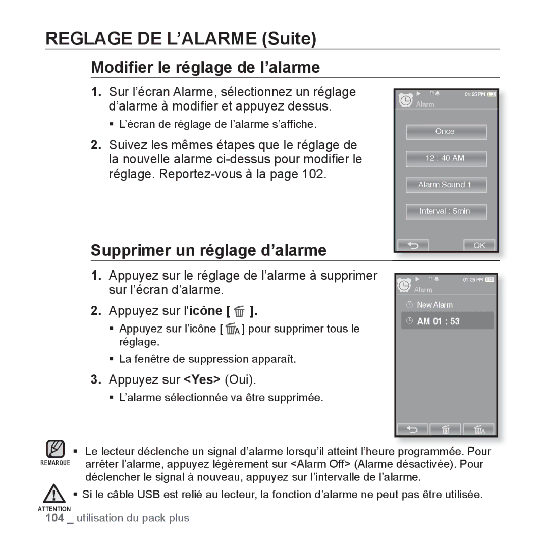 Samsung YP-P2JEB/XEF manual Modiﬁer le réglage de l’alarme, Supprimer un réglage d’alarme, Réglage. Reportez-vous à la 