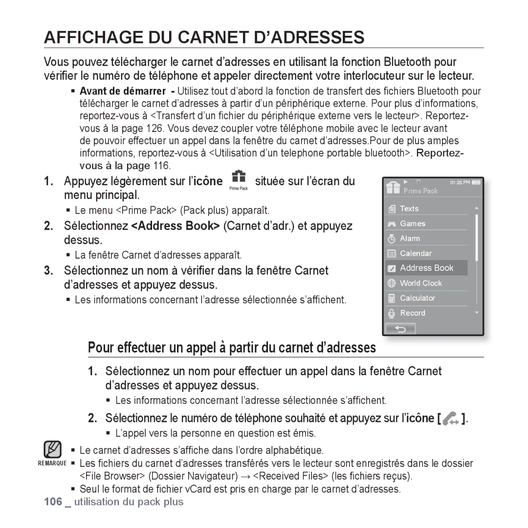 Samsung YP-P2JAB/XEF, YP-P2JCB/XEF Affichage DU Carnet D’ADRESSES, Pour effectuer un appel à partir du carnet d’adresses 