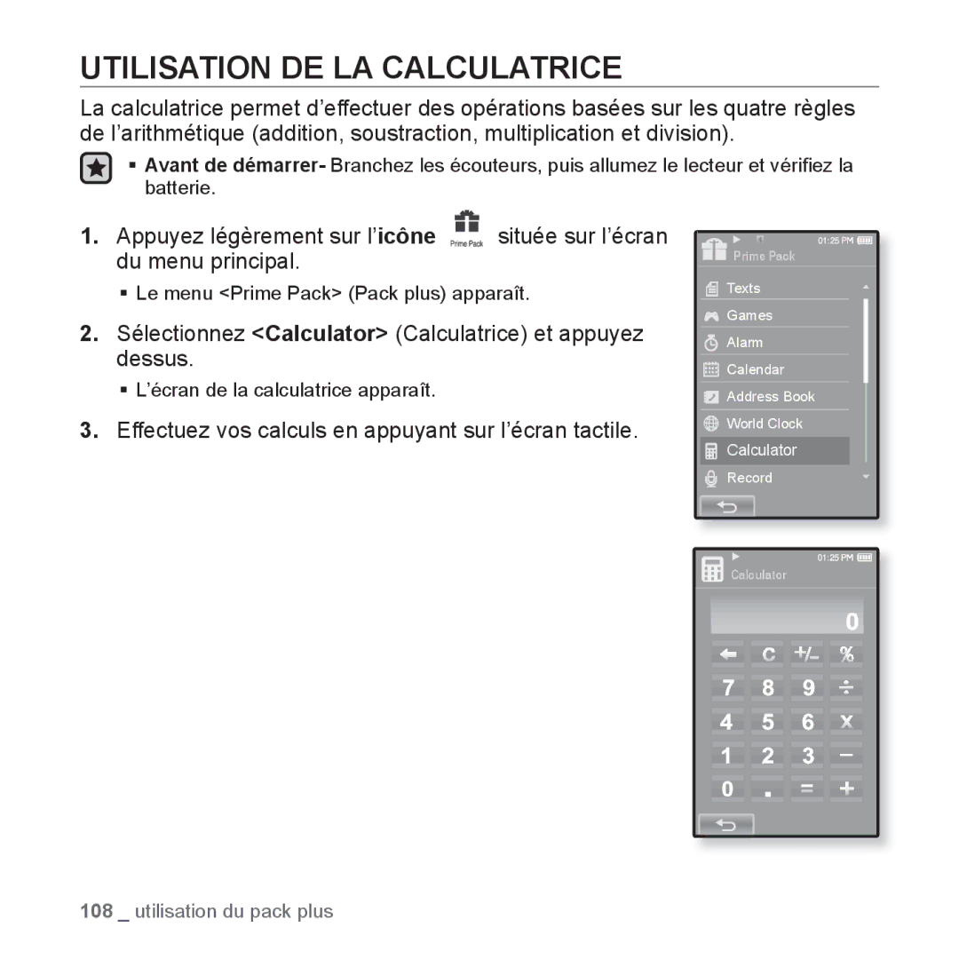 Samsung YP-P2JQB/XEF, YP-P2JCB/XEF Utilisation DE LA Calculatrice, Sélectionnez Calculator Calculatrice et appuyez dessus 