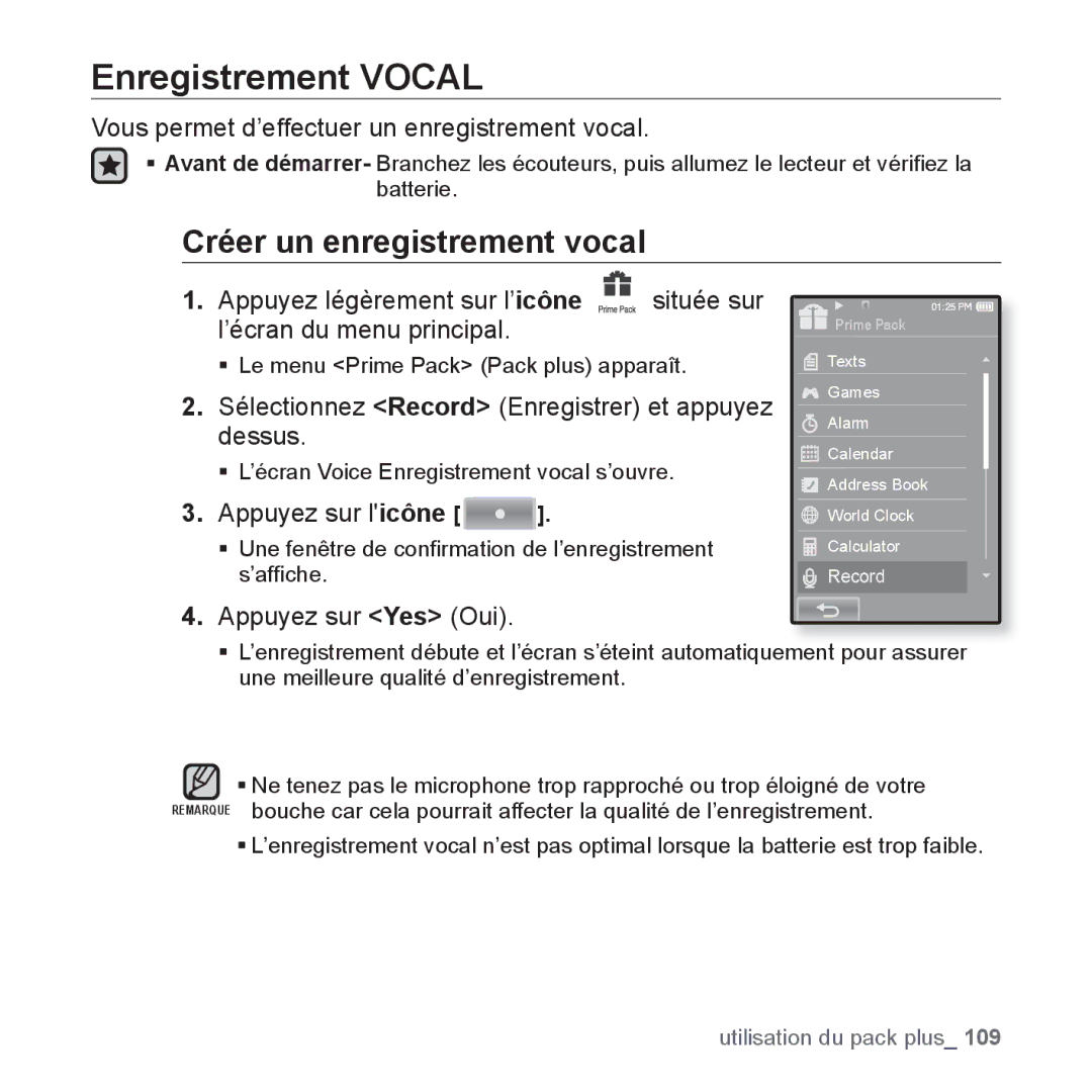 Samsung YP-P2JEB/XEF Enregistrement Vocal, Créer un enregistrement vocal, Vous permet d’effectuer un enregistrement vocal 