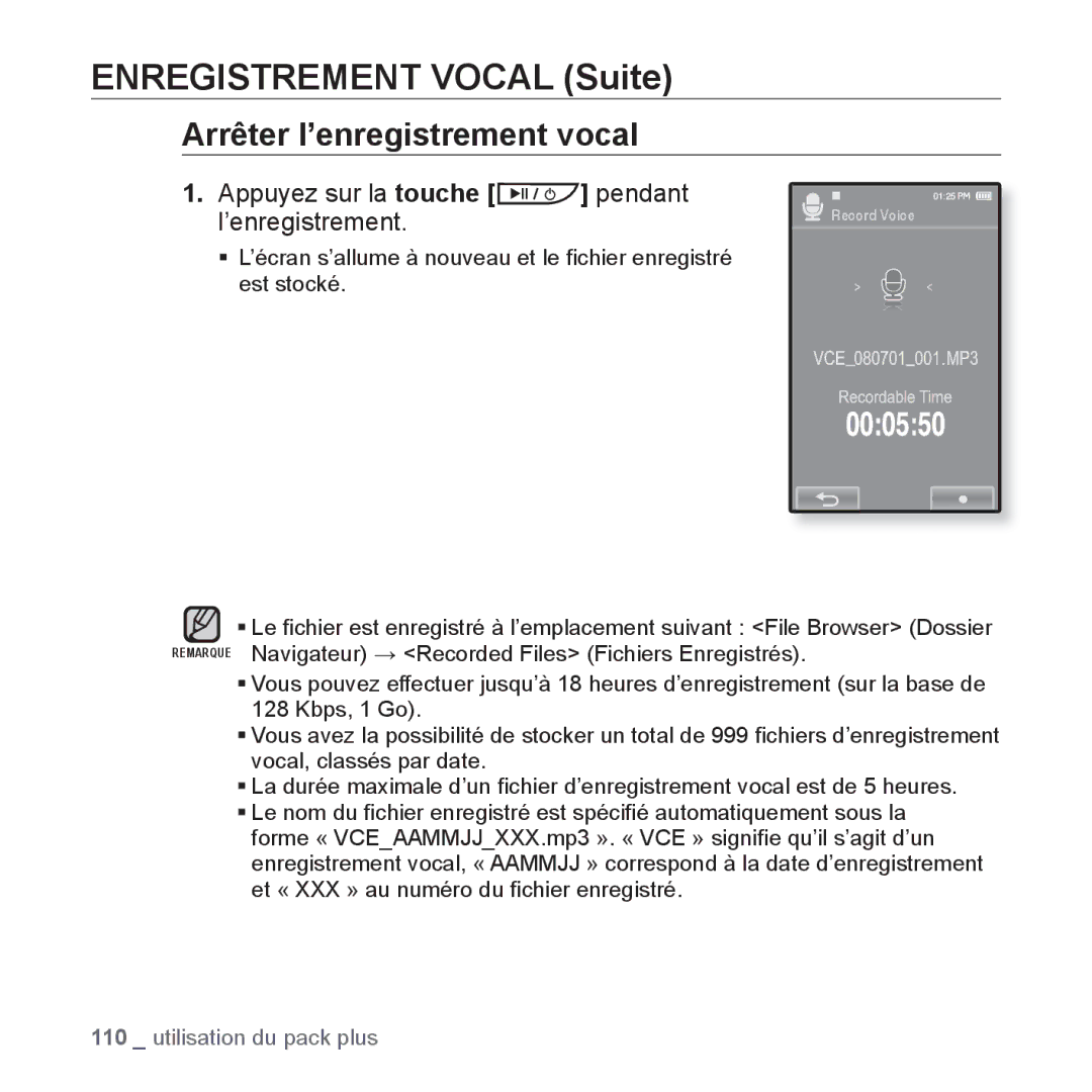 Samsung YP-P2JCB/XEF, YP-P2JAB/XEF, YP-P2JCW/XEF, YP-P2JQB/XEF Enregistrement Vocal Suite, Arrêter l’enregistrement vocal 