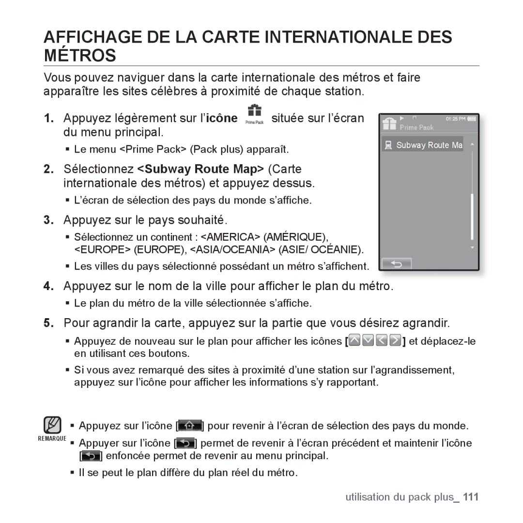 Samsung YP-P2JAB/XEF, YP-P2JCB/XEF manual Affichage DE LA Carte Internationale DES Métros, Appuyez sur le pays souhaité 