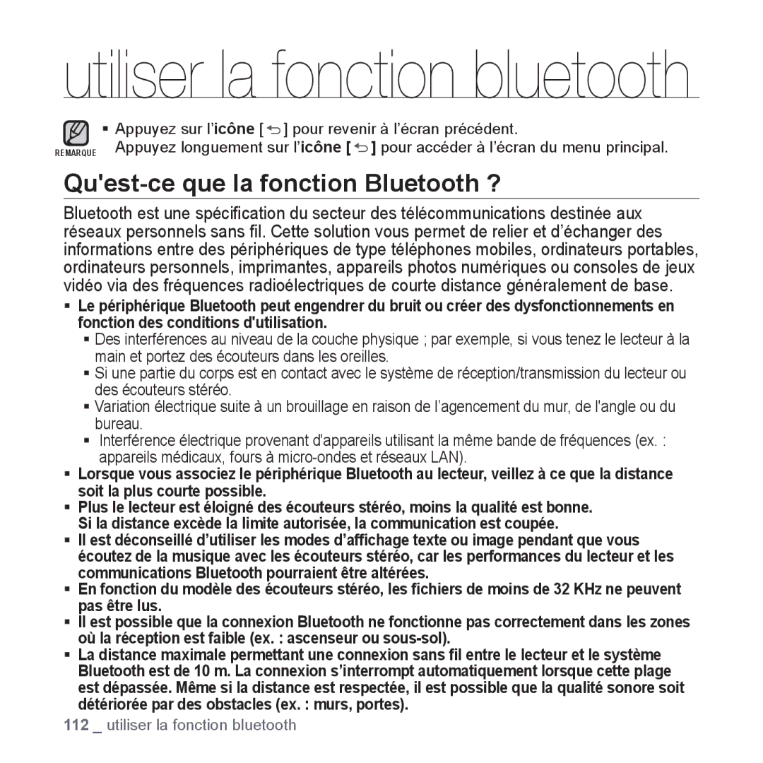 Samsung YP-P2JCW/XEF, YP-P2JCB/XEF, YP-P2JAB/XEF manual Utiliser la fonction bluetooth, Quest-ce que la fonction Bluetooth ? 