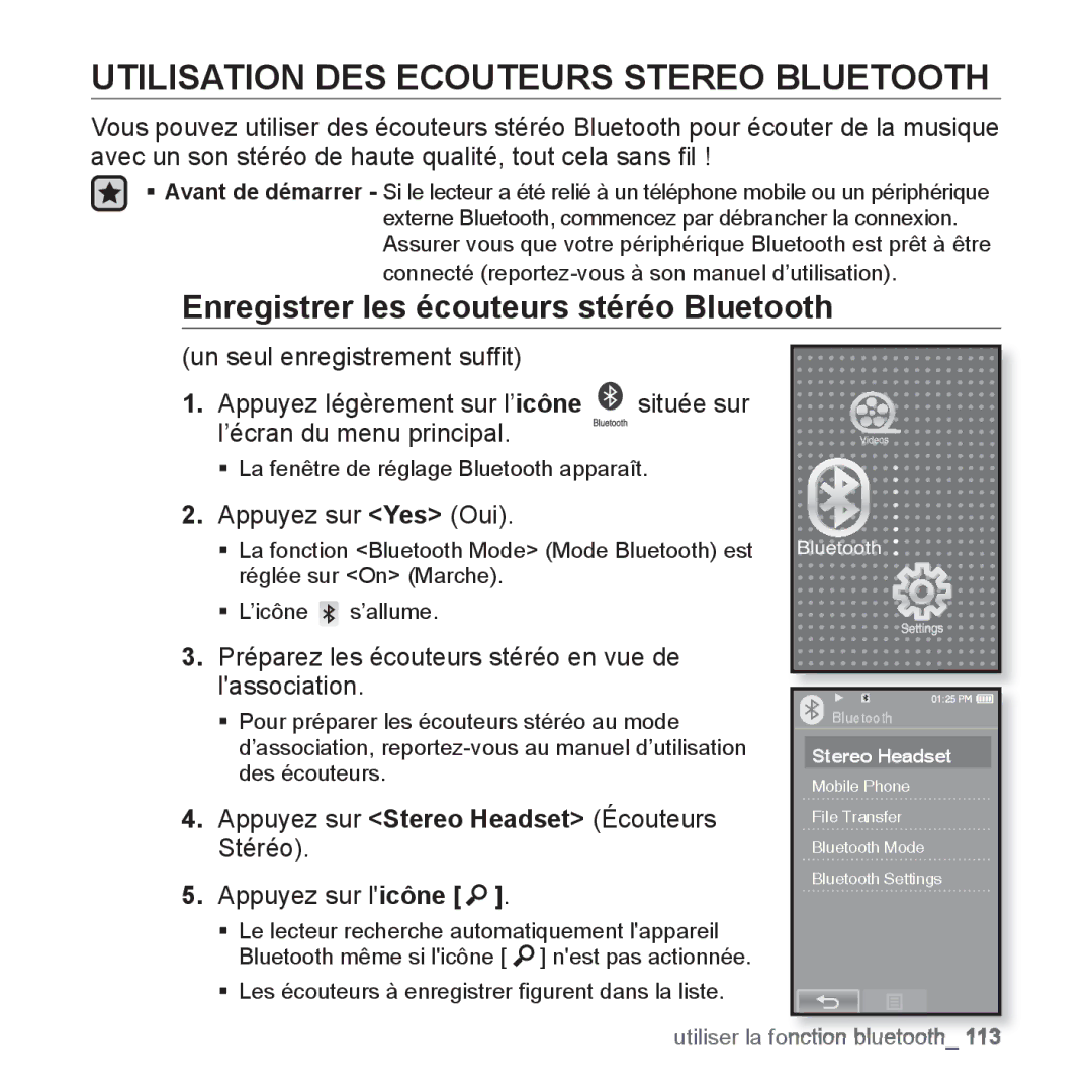 Samsung YP-P2JQB/XEF, YP-P2JCB/XEF Utilisation DES Ecouteurs Stereo Bluetooth, Enregistrer les écouteurs stéréo Bluetooth 