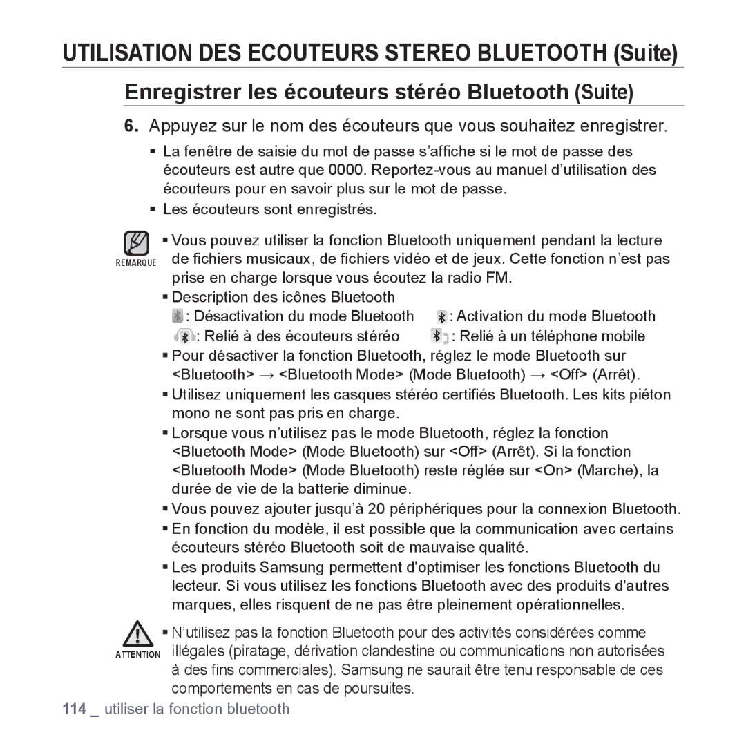 Samsung YP-P2JEB/XEF Utilisation DES Ecouteurs Stereo Bluetooth Suite, Enregistrer les écouteurs stéréo Bluetooth Suite 