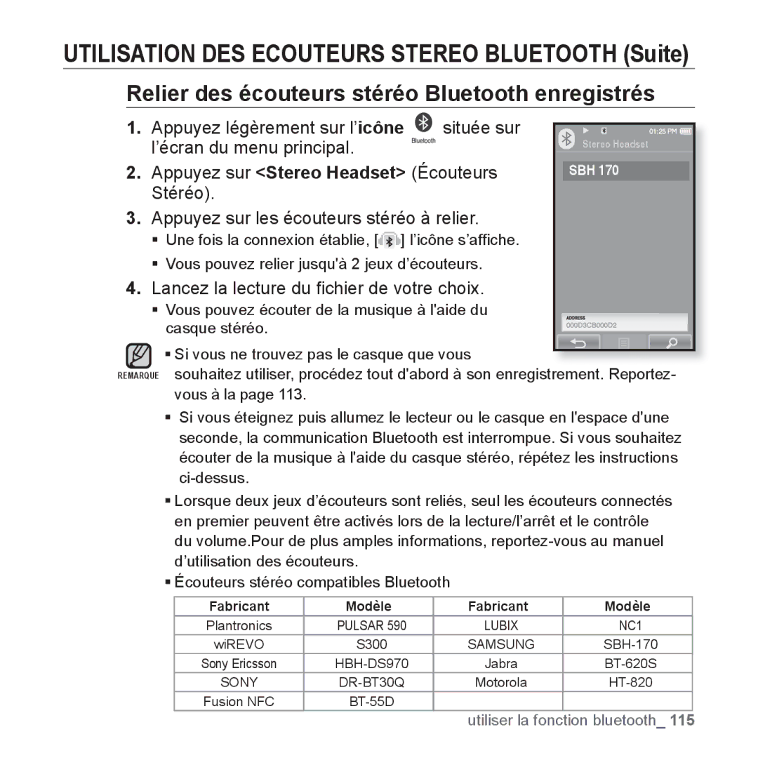 Samsung YP-P2JCB/XEF, YP-P2JAB/XEF Relier des écouteurs stéréo Bluetooth enregistrés, Appuyez sur Stereo Headset Écouteurs 