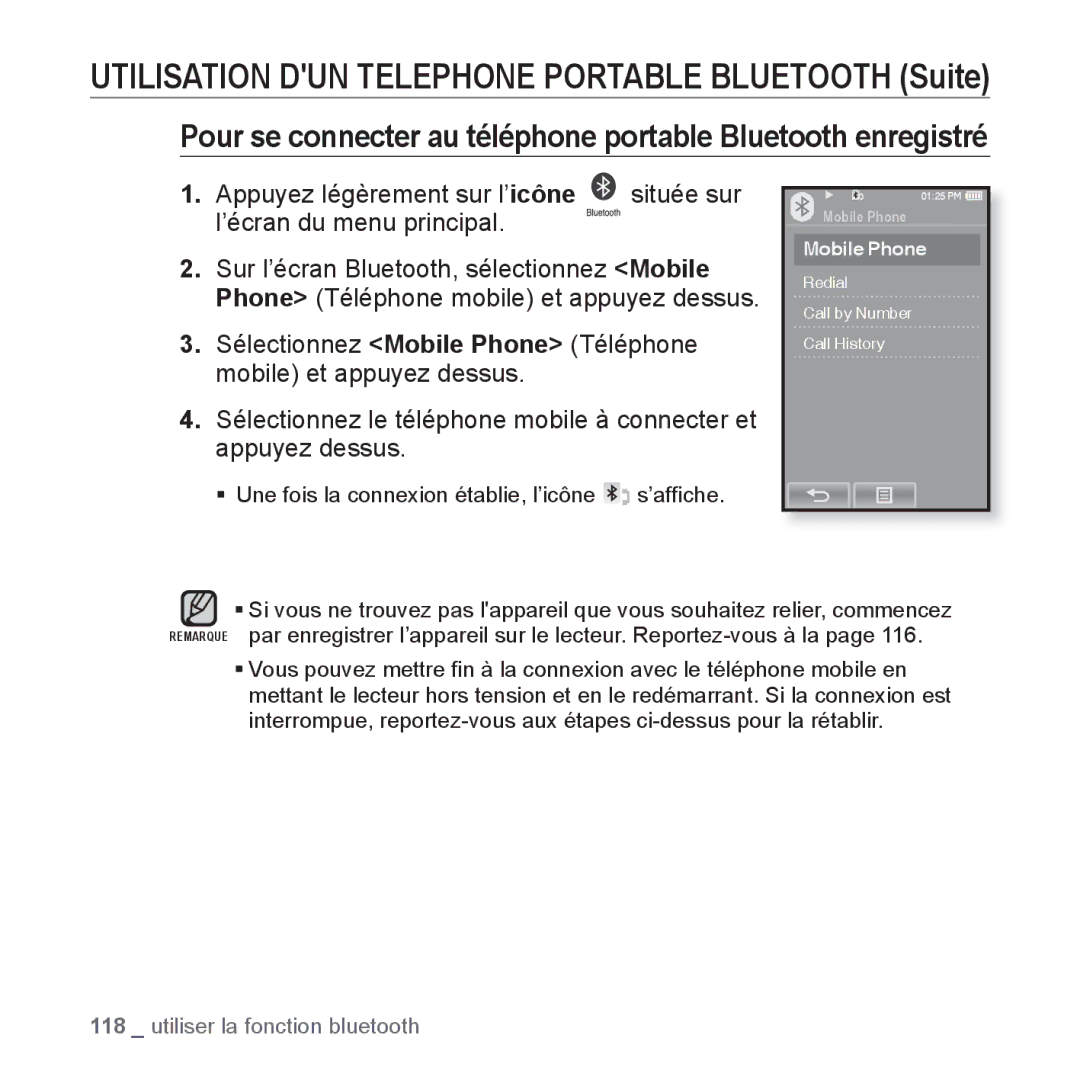 Samsung YP-P2JQB/XEF, YP-P2JCB/XEF, YP-P2JAB/XEF, YP-P2JCW/XEF manual Utilisation DUN Telephone Portable Bluetooth Suite 