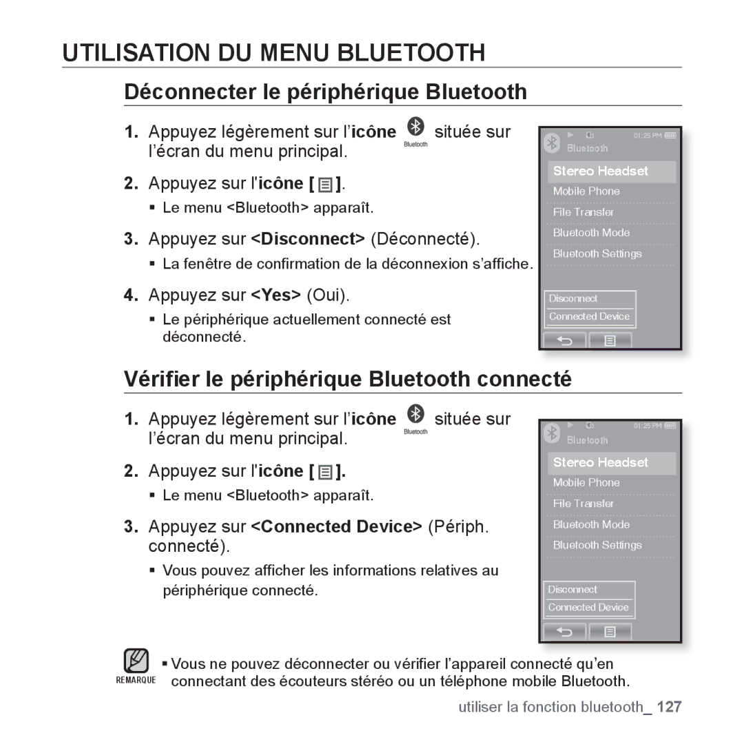 Samsung YP-P2JCW/XEF, YP-P2JCB/XEF, YP-P2JAB/XEF manual Utilisation DU Menu Bluetooth, Déconnecter le périphérique Bluetooth 