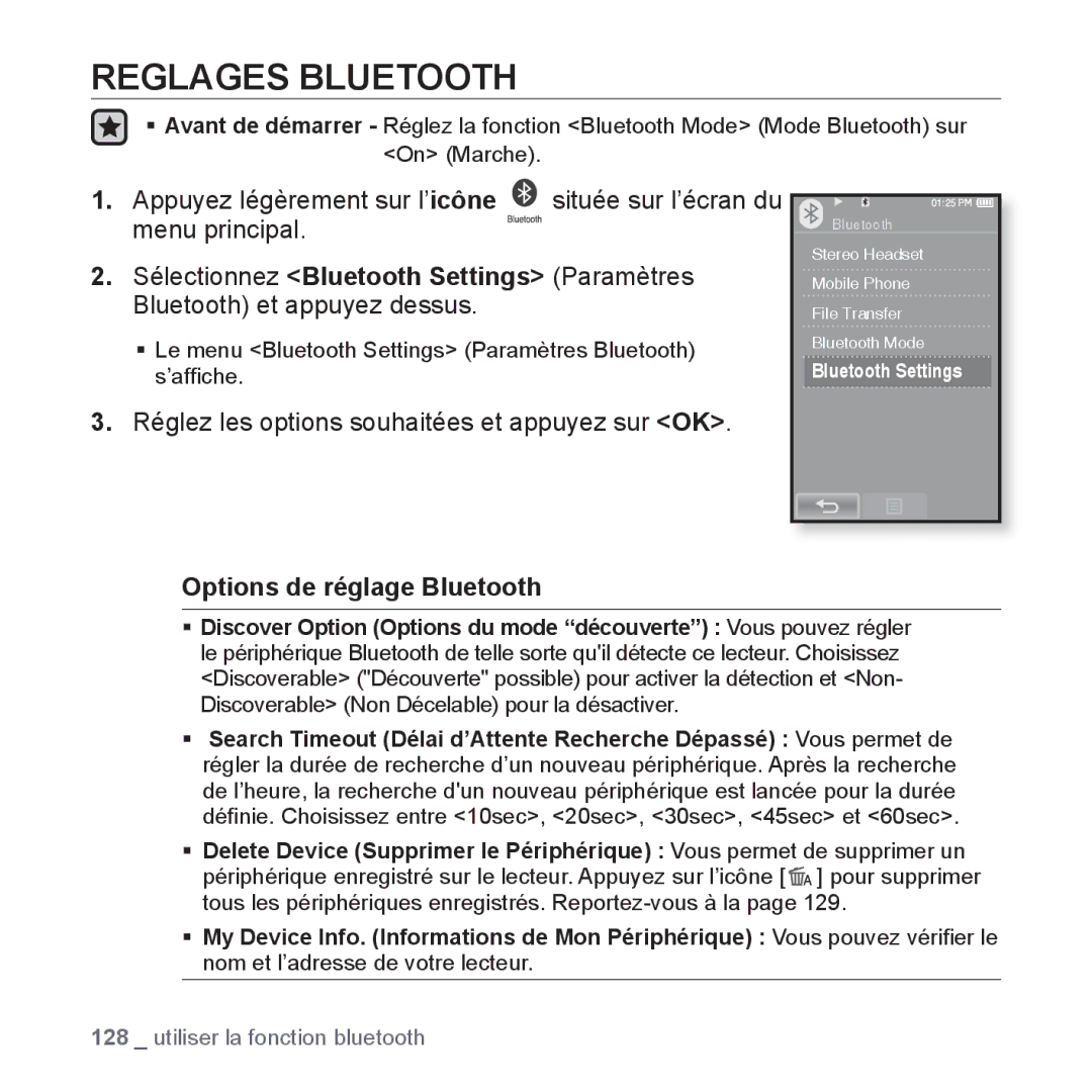 Samsung YP-P2JQB/XEF, YP-P2JCB/XEF, YP-P2JAB/XEF, YP-P2JCW/XEF, YP-P2JEB/XEF Reglages Bluetooth, Options de réglage Bluetooth 