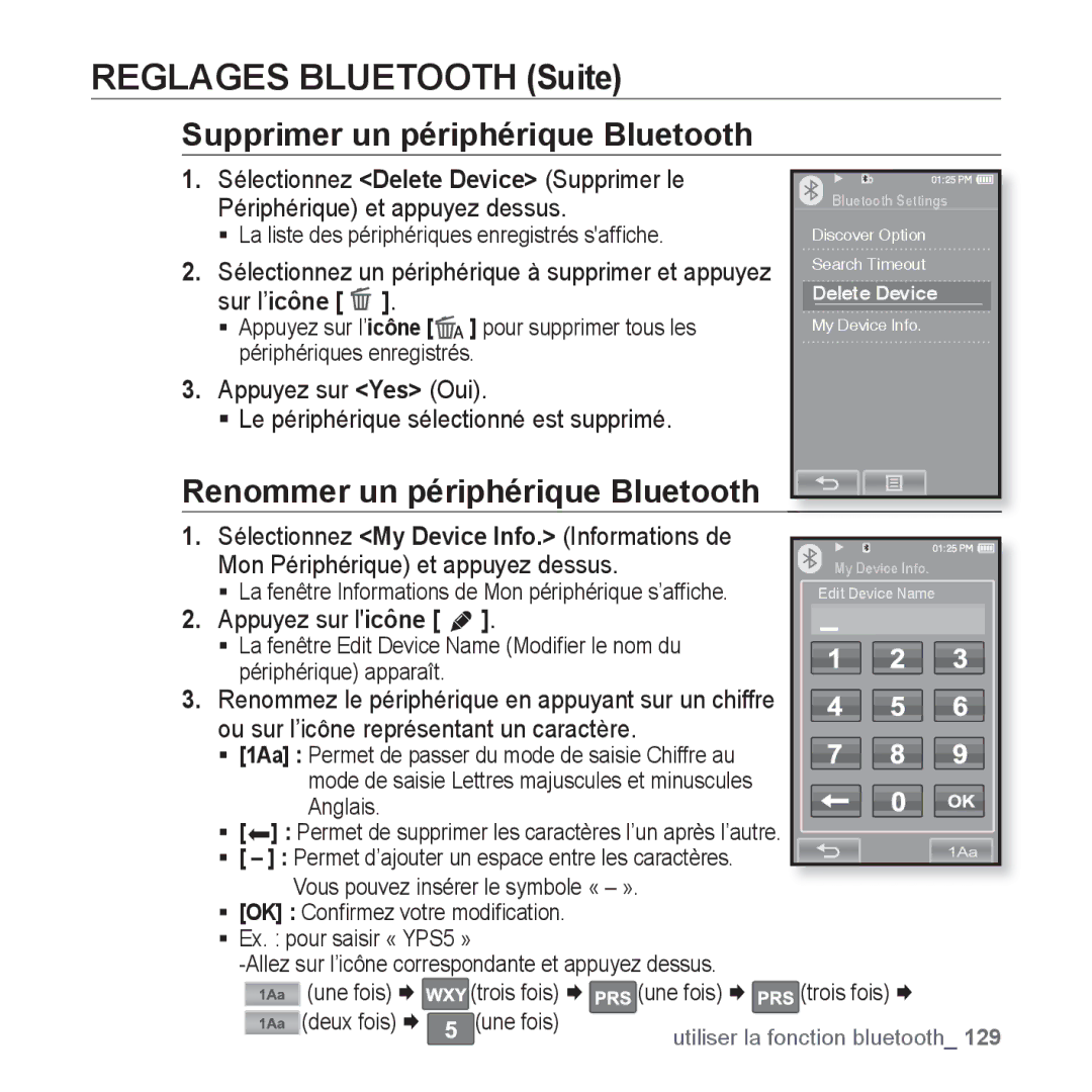 Samsung YP-P2JEB/XEF Reglages Bluetooth Suite, Supprimer un périphérique Bluetooth, Renommer un périphérique Bluetooth 