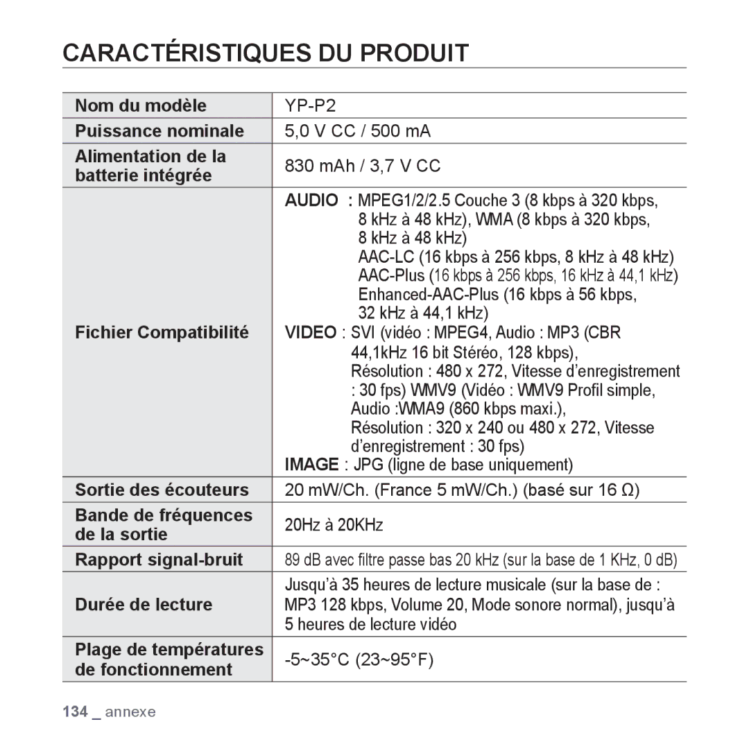 Samsung YP-P2JEB/XEF, YP-P2JCB/XEF, YP-P2JAB/XEF, YP-P2JCW/XEF, YP-P2JQB/XEF manual Caractéristiques DU Produit 