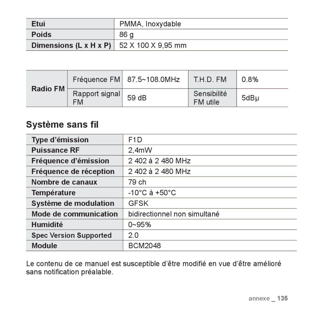 Samsung YP-P2JCB/XEF, YP-P2JAB/XEF, YP-P2JCW/XEF, YP-P2JQB/XEF, YP-P2JEB/XEF manual Système sans ﬁl 