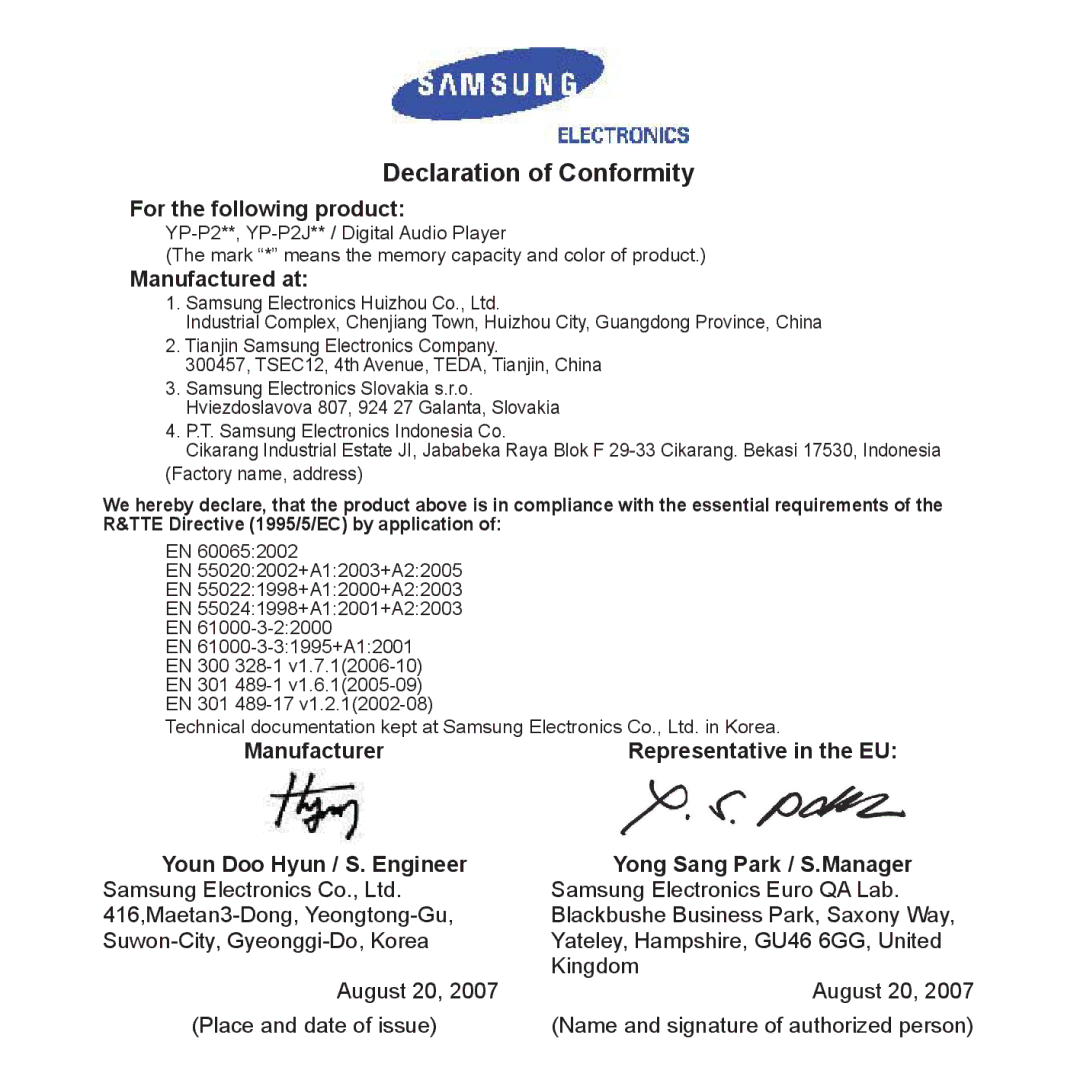 Samsung YP-P2JQB/XEF Declaration of Conformity, Samsung Electronics Euro QA Lab, Name and signature of authorized person 