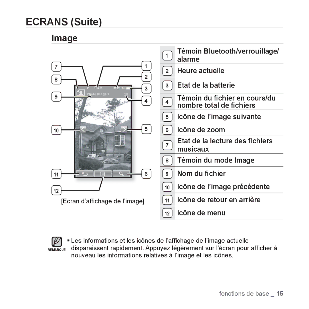 Samsung YP-P2JCB/XEF Alarme, Nombre total de ﬁchiers, Icône de l’image suivante, Icône de zoom, Musicaux, Nom du ﬁchier 