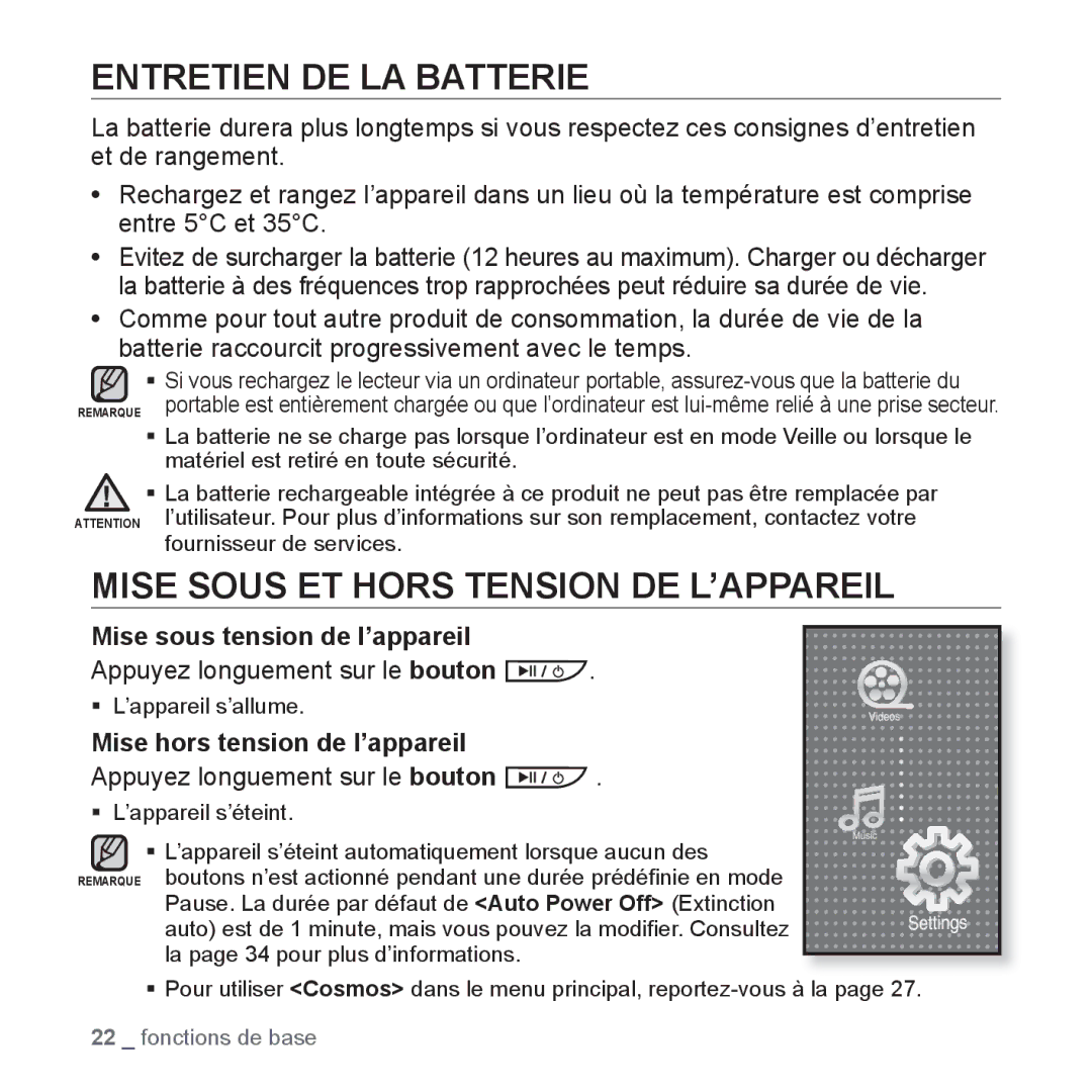 Samsung YP-P2JCW/XEF Entretien DE LA Batterie, Mise Sous ET Hors Tension DE L’APPAREIL, Mise sous tension de l’appareil 