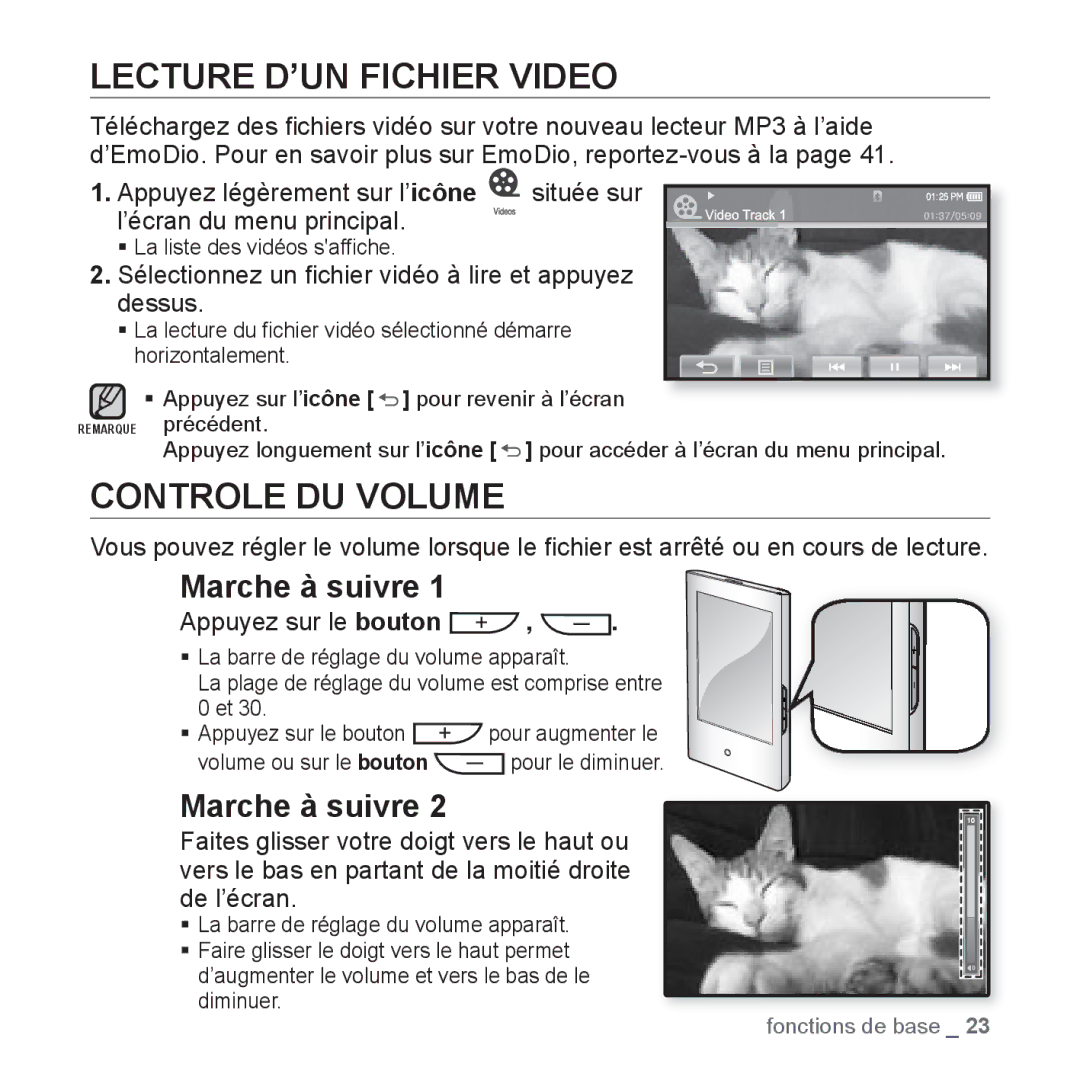 Samsung YP-P2JQB/XEF Lecture D’UN Fichier Video, Controle DU Volume, Sélectionnez un ﬁchier vidéo à lire et appuyez dessus 