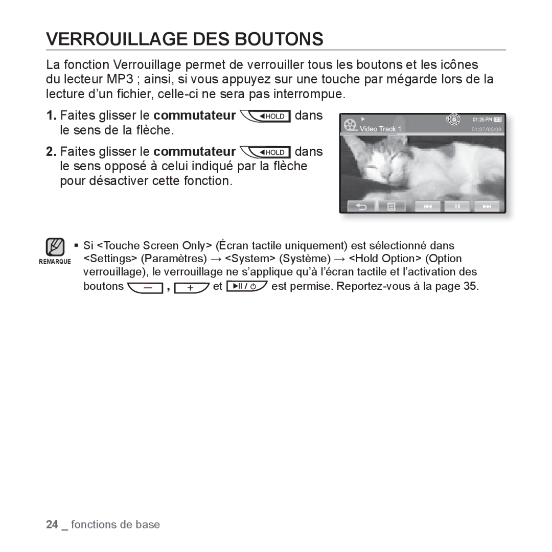 Samsung YP-P2JEB/XEF, YP-P2JCB/XEF, YP-P2JAB/XEF, YP-P2JCW/XEF, YP-P2JQB/XEF manual Verrouillage DES Boutons 