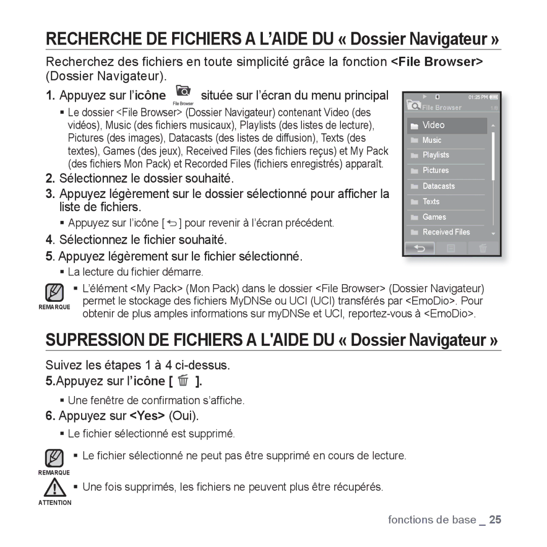 Samsung YP-P2JCB/XEF, YP-P2JAB/XEF manual Recherche DE Fichiers a L’AIDE DU « Dossier Navigateur », Appuyez sur Yes Oui 