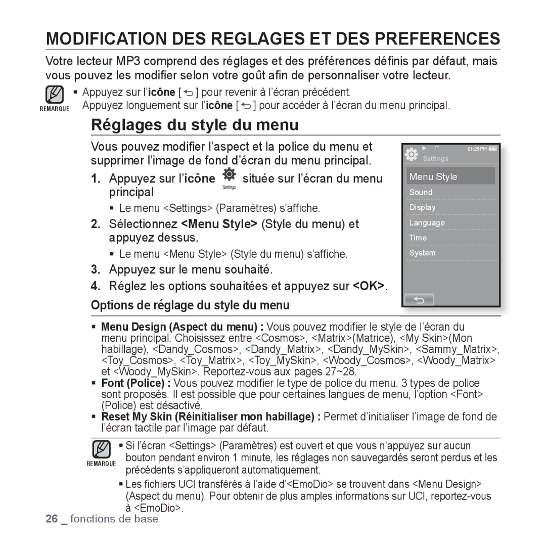 Samsung YP-P2JAB/XEF, YP-P2JCB/XEF, YP-P2JCW/XEF Modification DES Reglages ET DES Preferences, Réglages du style du menu 