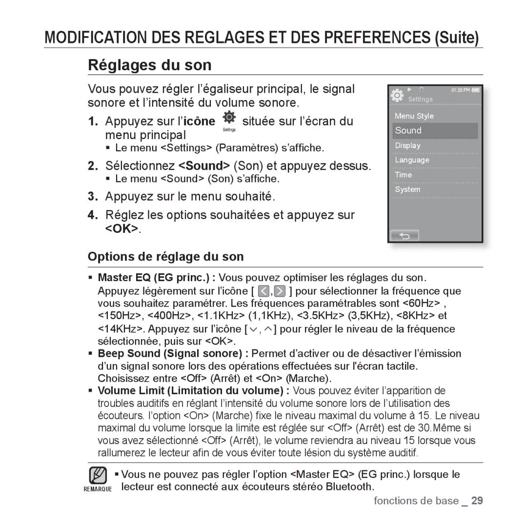 Samsung YP-P2JEB/XEF Sélectionnez Sound Son et appuyez dessus, Options de réglage du son, ƒ Le menu Sound Son s’afﬁche 