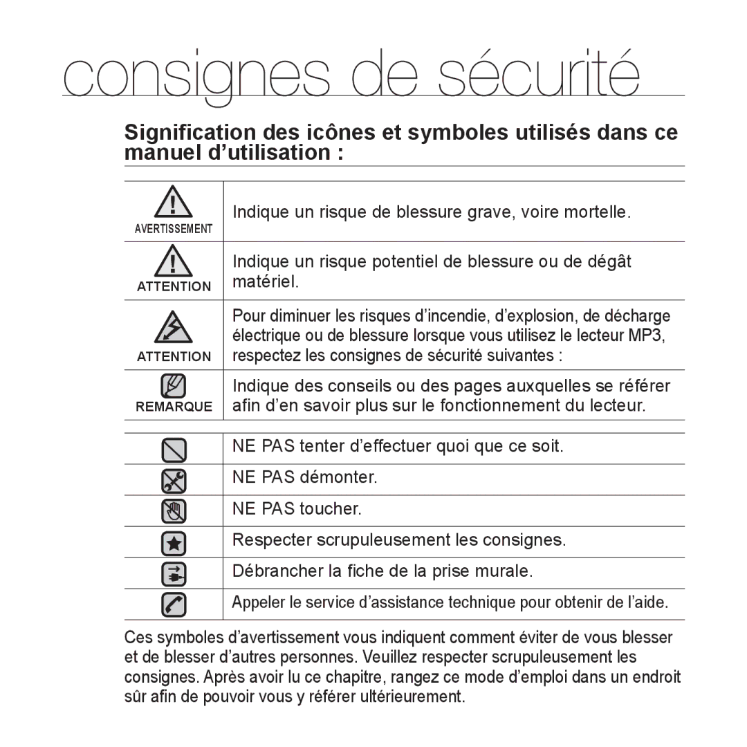 Samsung YP-P2JQB/XEF, YP-P2JCB/XEF, YP-P2JAB/XEF, YP-P2JCW/XEF, YP-P2JEB/XEF manual Consignes de sécurité 