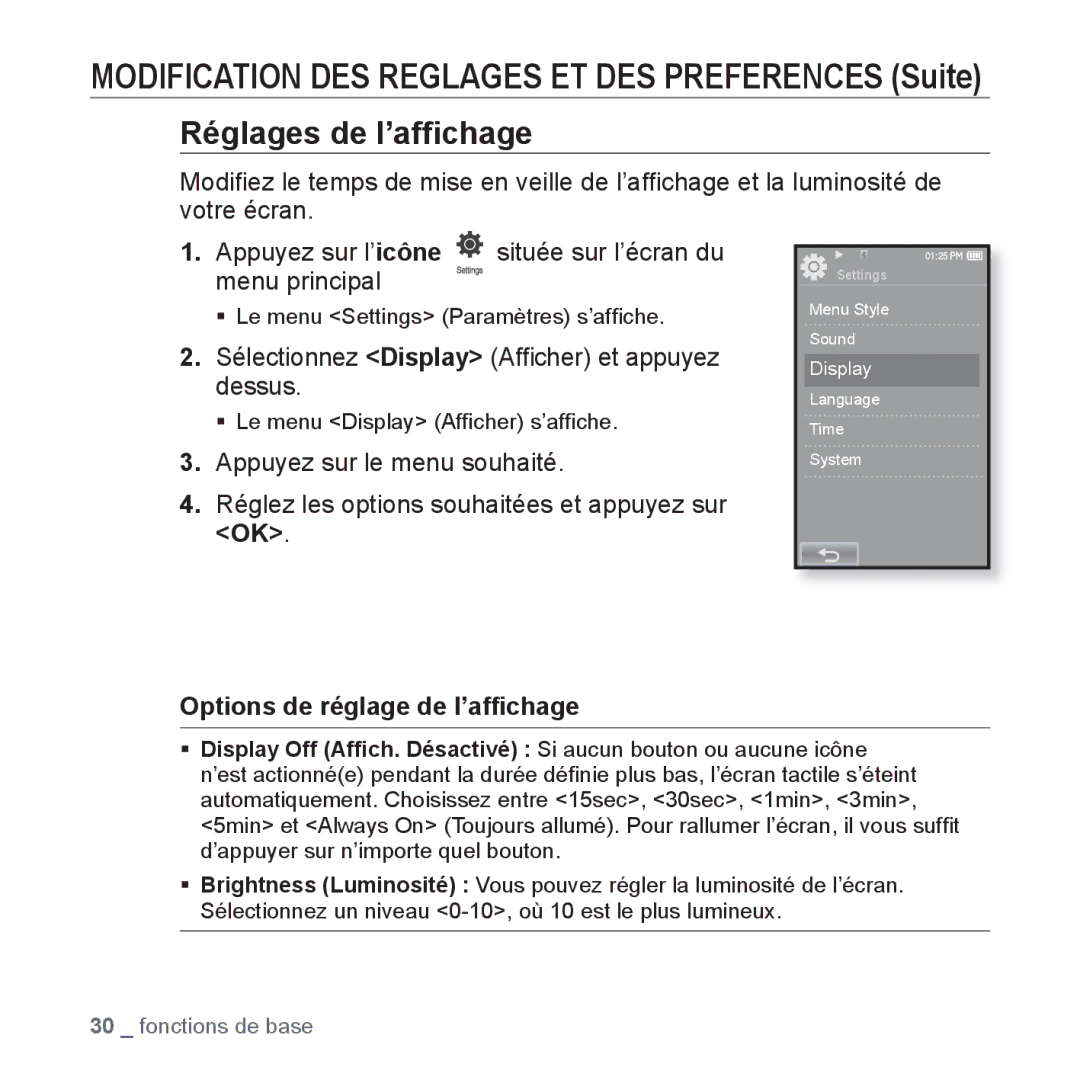 Samsung YP-P2JCB/XEF, YP-P2JAB/XEF manual Sélectionnez Display Afﬁcher et appuyez dessus, Options de réglage de l’afﬁchage 