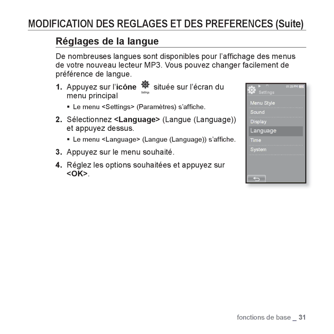 Samsung YP-P2JAB/XEF Sélectionnez Language Langue Language et appuyez dessus, ƒ Le menu Language Langue Language s’afﬁche 