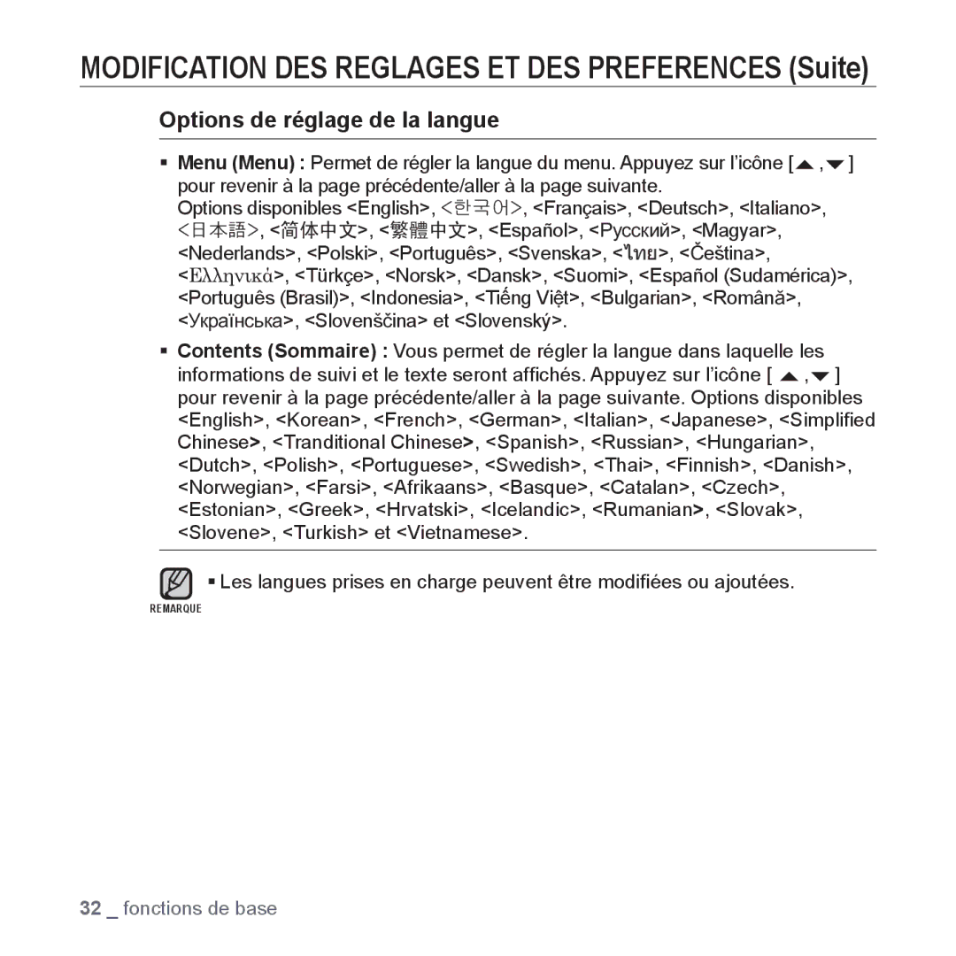 Samsung YP-P2JCW/XEF, YP-P2JCB/XEF, YP-P2JAB/XEF, YP-P2JQB/XEF Options de réglage de la langue, Español, Ɋɭɫɫɤɢɣ, Magyar 