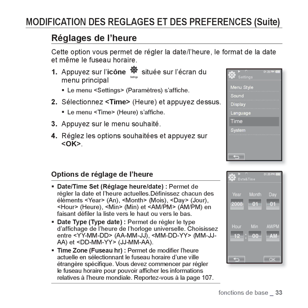 Samsung YP-P2JQB/XEF, YP-P2JCB/XEF, YP-P2JAB/XEF, YP-P2JCW/XEF Options de réglage de l’heure, ƒ Le menu Time Heure s’afﬁche 