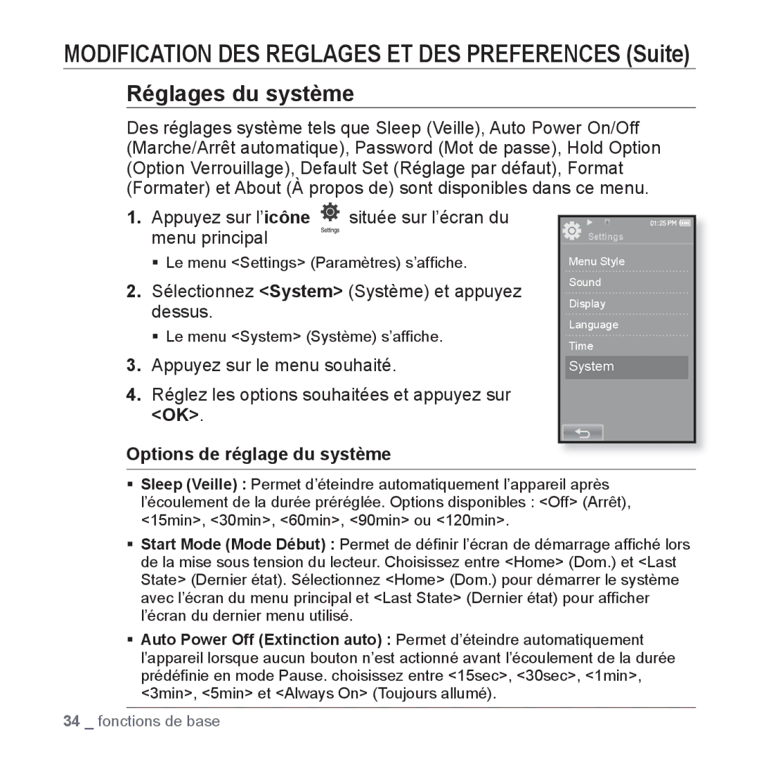 Samsung YP-P2JEB/XEF, YP-P2JCB/XEF Appuyez sur l’icône située sur l’écran du Menu principal, Options de réglage du système 