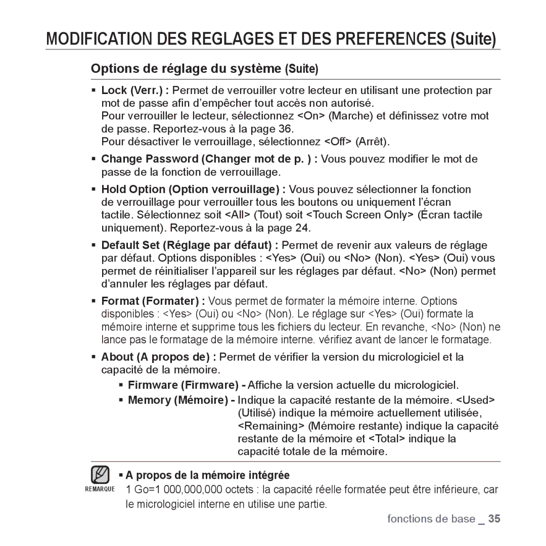 Samsung YP-P2JCB/XEF, YP-P2JAB/XEF, YP-P2JCW/XEF Options de réglage du système Suite, ƒ a propos de la mémoire intégrée 