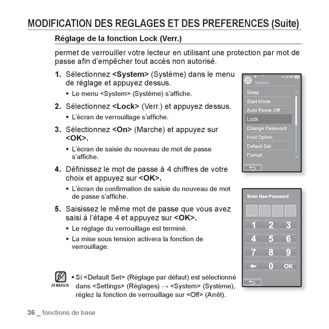 Samsung YP-P2JAB/XEF, YP-P2JCB/XEF manual Réglage de la fonction Lock Verr, Sélectionnez Lock Verr. et appuyez dessus 